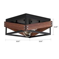 Rustic Industrial Flush Mount Light Fixture Two-Light Metal And Wood Square Flush Mount Ceiling Light For Hallway Living Room Bedroom Kitchen Entryway Farmhouse, Black