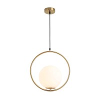 Kco Mid Century Modern Large Globe Pendant Light Fixture 1-Light Brushed Brass Gold Ceiling Hanging Pendant Lighting Minimalist White Glass Round Pendant Light (13.8