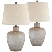 Regency Hill Glenn Rustic Country Cottage Style Table Lamps 27 Tall Set Of 2 Southwest Urn Neutral Fabric Drum Shade Decor For Living Room Bedroom House Bedside Nightstand Home Office