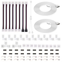 Fntek Led Strip Connector Kit For 5050 Rgb 4 Pin 10Mm, Includes Rgb Splitter Cable, Rgb Extension Cable, Led Strip Jumper, T And L Shape Connector, 9 Types Accessories For Led Connector