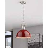 Emliviar Dome Pendant Light 14 Inch, Hanging Light Fixture With Metal Shade, Red And Brushed Nickel Finish, 4054L Bn/Red