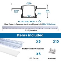 Muzata 5Pack 3.3Ft/1M Plaster In Led Channel Trimless Recessed Led Diffuser Channel Milky White Diffuser Mud In For Drywall Wall Ceiling U117 Ww