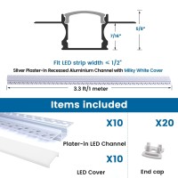 Muzata 10Pack 3.3Ft/1M Plaster In Led Channel Trimless Recessed Led Diffuser Channel Milky White Diffuser Mud In For Drywall Wall Ceiling U117 Ww