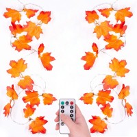 Thanksgiving Decorations Golden Maple Lighted Fall Garland 10Ft 20 Leds 2Pack Maple Leaves Waterproof Battery Operated String Lights With Remote Control Timer For Halloween, Christmas, Decorations