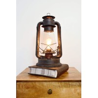 Electric Lantern Table Lamp For Bedrooms To Give You The Perfect Farmhouse Look Large 15 Inches Tall With Large Hurricane Glass And In Line Cord Dimmer. Rustic Rust Patina Hand Finish.