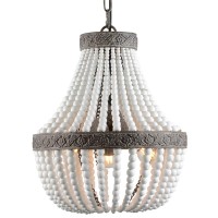 Viluxy 3-Light Bohemia Wood Beaded Chandelier Antique Rustic Pendant Light White Finishing For Bedroom, Kitchen Island, Girl Room