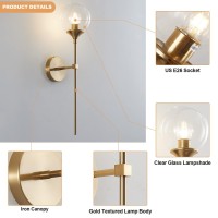 Kco Lighting Vanity Clear Bubble Glass Wall Lights Modern Globe Round Sconces Wall Lighting Brushed Brass Long Wall Sconce Mid Century Bar Bathroom Wall Lamp (Clear)