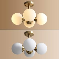 Modo Lighting Antique Brass 4-Light Ceiling Light Mid-Century Frosted Glass Globe Chandelier Modern Flush Mount Ceiling Light Fixtures For Bedroom Living Room