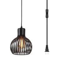 Riomasee Industrial Wire Cage Plug In Pendant Light 14.27 Ft Hanging Light Cord With On/Off Switch,Vintage Black Metal Hanging Lamp Fixture