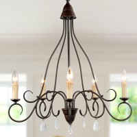 Ksana Farmhouse Chandelier, 5-Lights Rustic Candle Lighting With Crystal Pendants For Kitchen Island, Dining & Sitting Room, Bedroom, W26 X H29