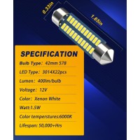 Serundo Auto 42mm 165in LED Car Bulb can replace 2112 2122 2112 2122 2142 560 569 or 578nbspetc3nbsptimes the amount of light output compared to halogen bulb but requires only 13 of the power consumption Best value in the market nbspSpecificationsSize Len