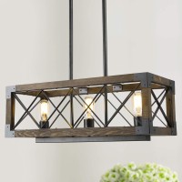 Farmhouse Chandelier For Dining Rooms, 3-Light Rectangular Chandelier, Wood Kitchen Island Lighting, 23.5'' L