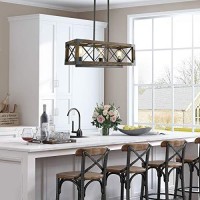 Farmhouse Chandelier For Dining Rooms, 3-Light Rectangular Chandelier, Wood Kitchen Island Lighting, 23.5'' L