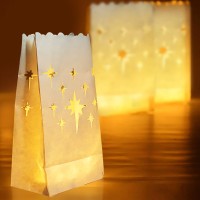 Homemory 50 Pcs White Luminary Bags Flame Resistant Candle Bags Stars Design Luminaries For Wedding Party Halloween Thanksg