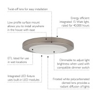 Design House 588152 Paxton Modern Integrated Led Disk Light Indoor/Outdoor Ceiling Flush Mount Dimmable With White Lens Shade For Bathroom Entryway Living Room, Brushed Nickel, Narrow Ring