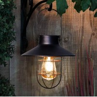 Pearlstar Solar Lantern Outdoor Hanging Light Metal Solar Lamp With Warm White Edison Bulb Design For Garden Yard Patio Proch Decor(Black)