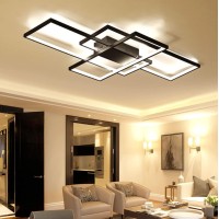 Led Living Room Dining Room Flush Mount Ceiling Light Fixtures Ceiling Hanging Lighting Dimmable Remote Acrylic Chandeliers Modern Designer 3 Rectangle Hotel Lobby Kitchen Bedroom (Black, L43.3 In)