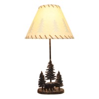 Ebros Rustic Midnight Black Bear Roaming In Pine Trees Forest Metal Table Lamp Statue With Pine Tree Shadows Printed Shade 245