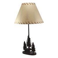 Ebros Rustic Midnight Black Bear Roaming In Pine Trees Forest Metal Table Lamp Statue With Pine Tree Shadows Printed Shade 245