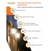 The Gama Sonic royal bulb solar wall light gs98bwwb features a design inspired by new Orleans streetlamp architecture This outdoor solar powered wall lamp is constructed with rustresistant castaluminum with a powder coated weathered bronze finish beveled 