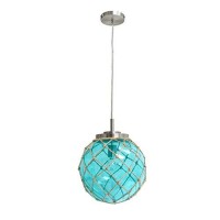 Elegant Designs Pt1003-Aqu Buoy Netted Brushed Nickel Coastal Ocean Sea Glass Pendant With Natural Rope, Aqua