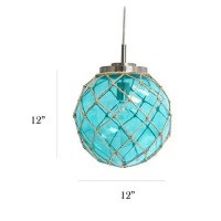 Elegant Designs Pt1003-Aqu Buoy Netted Brushed Nickel Coastal Ocean Sea Glass Pendant With Natural Rope, Aqua