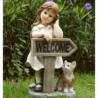 Floryden Girl Garden Statue With Solar Led Lights, Solar Girl Welcome Sign With Cat Garden Statue For Outdoor Decor, Porch, Patio, Yard Art Decorations, Polyresin 17.3 Inch