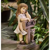 Floryden Girl Garden Statue With Solar Led Lights, Solar Girl Welcome Sign With Cat Garden Statue For Outdoor Decor, Porch, Patio, Yard Art Decorations, Polyresin 17.3 Inch