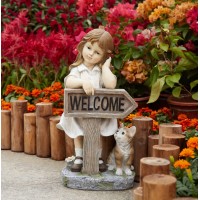 Floryden Girl Garden Statue With Solar Led Lights, Solar Girl Welcome Sign With Cat Garden Statue For Outdoor Decor, Porch, Patio, Yard Art Decorations, Polyresin 17.3 Inch