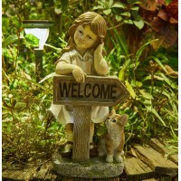 Floryden Girl Garden Statue With Solar Led Lights, Solar Girl Welcome Sign With Cat Garden Statue For Outdoor Decor, Porch, Patio, Yard Art Decorations, Polyresin 17.3 Inch