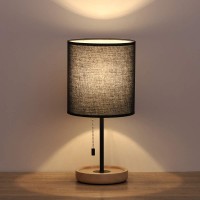 Haitral Wooden Bedside Table Lamp Vintage Nightstand Lamp With Black Fabric Lamp Shade Small Desk Lamp For Bedroom Office Dor