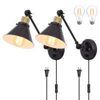 Trlife Wall Sconce Plug In, Dimmable Wall Sconces Swing Arm Wall Lights With Plug In Cord, Wall Mounted Light With Dimmer On/Off Knob Switch, Ul Listed(2 Pack, 2 Bulbs Included)