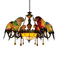 Litfad Parrot Tiffany Crystal Chandeliers 6 Heads Pendant Lighting Stained Glass Led Ceiling Hanging Light Fixtures Pendant Lamp For Living Room Bedroom Hotel Bar