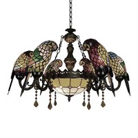 Litfad Parrot Tiffany Crystal Chandeliers 6 Heads Pendant Lighting Stained Glass Led Ceiling Hanging Light Fixtures Pendant Lamp For Living Room Bedroom Hotel Bar