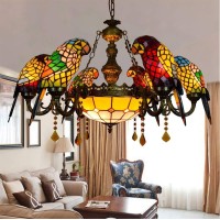 Litfad Parrot Tiffany Crystal Chandeliers 6 Heads Pendant Lighting Stained Glass Led Ceiling Hanging Light Fixtures Pendant Lamp For Living Room Bedroom Hotel Bar