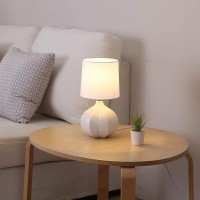 Sottae Small Ceramic Milk White Bedside Table Lamp Cute Contemporary Accent Glossy Lamps For Night Stands With Fabric Drum Shad