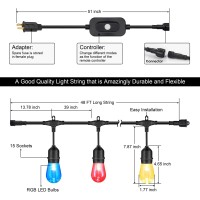 Mlambert 48Ft Outdoor Patio Lights, Rgb Cafe String Lights With 15 E26 S14 Shatterproof Edison Bulbs, Commercial Grade Dimmable String Lights For Bistro Backyard Garden, 2 Remote Controllers