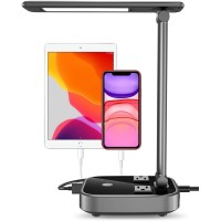 Led Desk Lamp With 4 Usb Charging Ports And 2 Ac Outlets,6Ft Extension Cord Power Strip Station, 3 Level Brightness, Touch Dimmer Control, Office Table Eye Care Lamp Bedroom Hotel