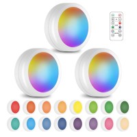 Sixdefly Wireless 16 Color Changing Led Puck Light 3 Pack Led Under Cabinet Lighting Closet Light Battery Powered Night Lights With Remote Control Dimmer & Timing Function