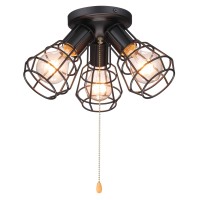 Spacethree Farmhouse Close To Ceiling Light With Pull Chain, 3 Lights Black Industrial Semi Flush Mount Pull String Ceiling Fixture Rustic Metal Wire Cage Light, 12 Inch, Oil Black, Ul Listed