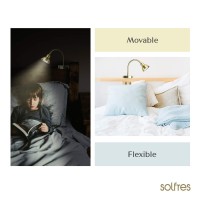 Solfres Innovative Design Headboard Reading Light. No Drilling Golden Book Light For Bedtime Reading. Dimmable Led Book Reading Lamp With Bulb. Movable & Flexible, Gold