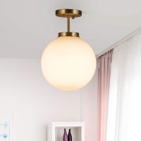 Tangkula Globe Ceiling Light, Semi Flush Mount Ceiling Light With Acrylic Lamp Shade, Mid Century Modern Lighting Fixture, Led E26, Matte White With Brass Finish