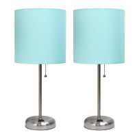 Limelights Lc2001-Aqu-2Pk Brushed Steel Stick Table Lamp With Charging Outlet & Fabric Shade, Aqua - Set Of 2