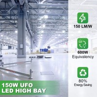 Elecall Ufo Led High Bay Light 150W 22,500Lm 5000K 150Lm/W Ip65 Waterproof Daylight White Lights With Hanging Hook Safe Rope For Warehouse Workshop, 750W Hid Equivalent 120 To 277V, Etl