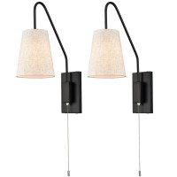 Jeenkae Modern Plated Brass Gold Plug-In Wall Sconces Set Of Two Fabric Shade Bedroom Wall Lamp With Pull Chain Switch