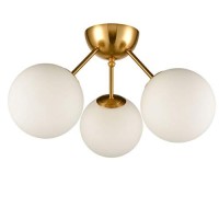 Holkirt Classic Mid Century Modern Globe Semi Flush Mount Ceiling Light Sputnik Chandeliers,White Frosted Glass Gold Finished For Living Room Dining Room Bedroom 3- Light