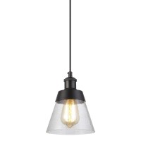 Industrial Glass Pendant Light With Handblown Clear Seeded Glass Shade, One-Light Adjustable Rustic Mini Pendant Lighting Fixture For Kitchen Island Cafe Bar Farmhouse, Black