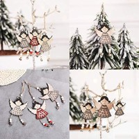 Axgo 3Pc Christmas Wind Chime Pendant Half Hollow Wooden Angel Door Hanging Angle For Xmas Tree Decorations, Multicolor