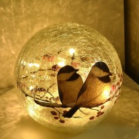 Glass Ball Led Light Birds Pattern Wireless Crackle Warm White Night Lamp For Bedroom Living-Room Dresser Nursery Kitchen Garden Modern Decoration Craft