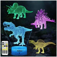 Zokea Dinosaur Toys Dinosaur Gifts For Boys 7 Colors Changing 3D Dinosaur Night Light 4 Patterns With Timer Remote Control